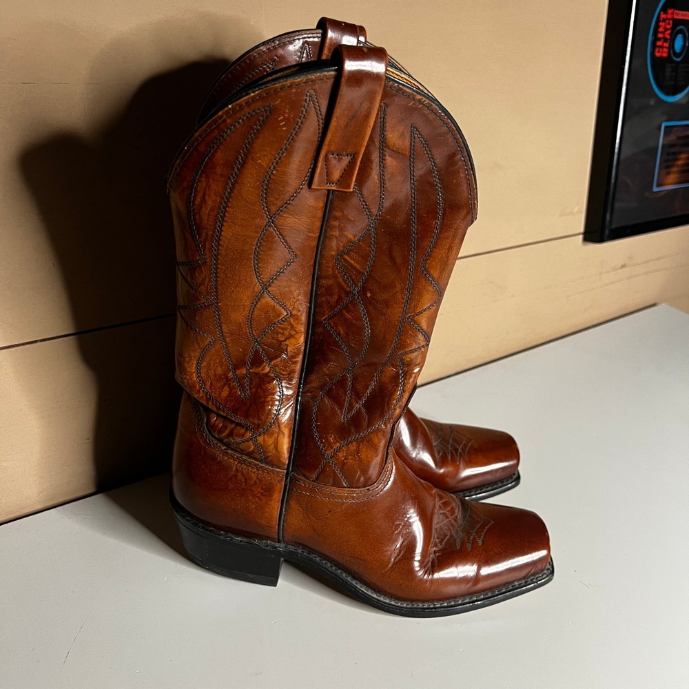 Stuart McGuire Vintage Mens Cognac‎ Leather Square Toe Western Cowboy Boots 7.5D